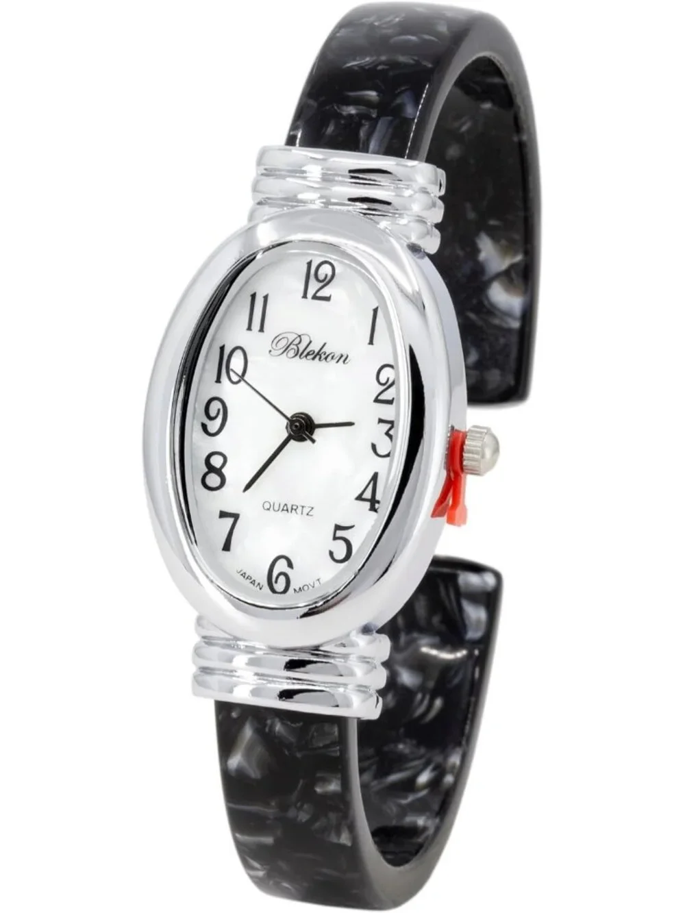 Women's Silver/White/Black Pearl/Oval Shell Color Design Cuff Bangle Watch